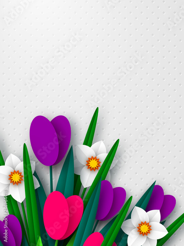 Spring floral composition. Empty template for greetings or seasonal sales. Paper cut spring flowers narcissus and tulps on white background. Copy space. Vector.