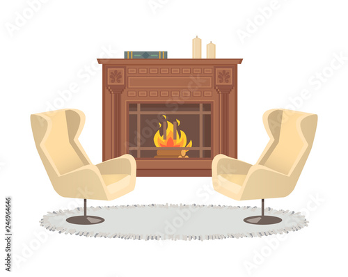 Fireplace with vase decoration and armchairs interior vector. Homelike atmosphere, carpet on floor, ground covered with rag. Burning logs in stove