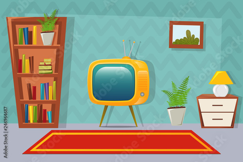 Living room interior . Living room in cartoon style with furniture - bookcase, cupboard, plants, TV