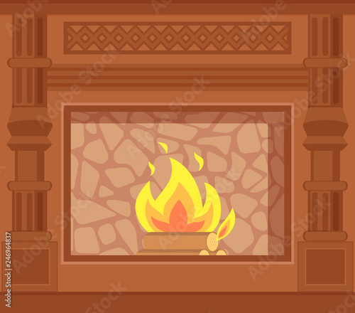 Fireplace with carved wooden decoration of sides vector. Closeup of wood logs in fire, flames in furnace with stone paved backing heating house system