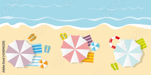 summer holiday on a tourist beach top view with parasol flip flops ball and lifebelt vector ilustration EPS10