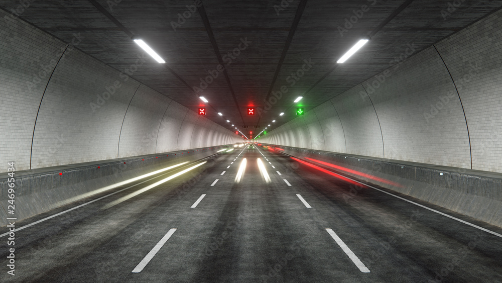 Automobile Light trails in tunnel 3D rendering - obrazy, fototapety, plakaty 