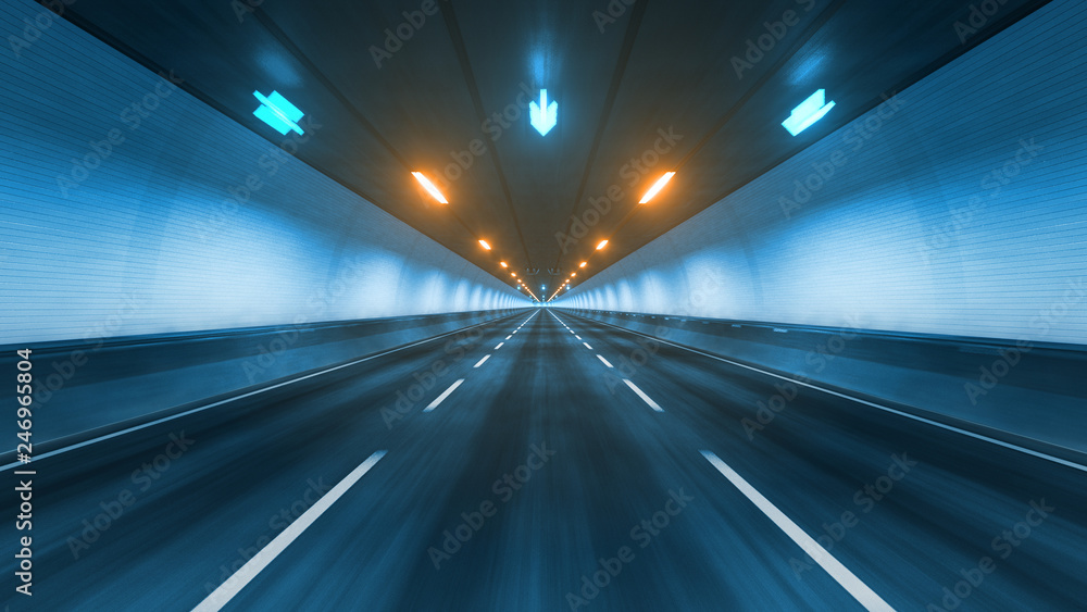 Travel through the illuminated tunnel with motion blur 3D rendering