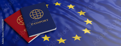 Travelling to EU. Two passports on European Union flag background. 3d illustration photo