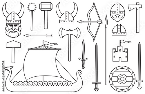viking thin line icons collection (sword, round wooden shield, long ship, head with horned helmet, mace, hammer, arrow, bow, axe, tower, old castle) 