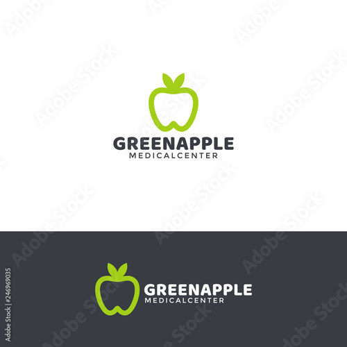 Dentistry logo design element with green apple and healthy white tooth. Horizontal and vertical versions