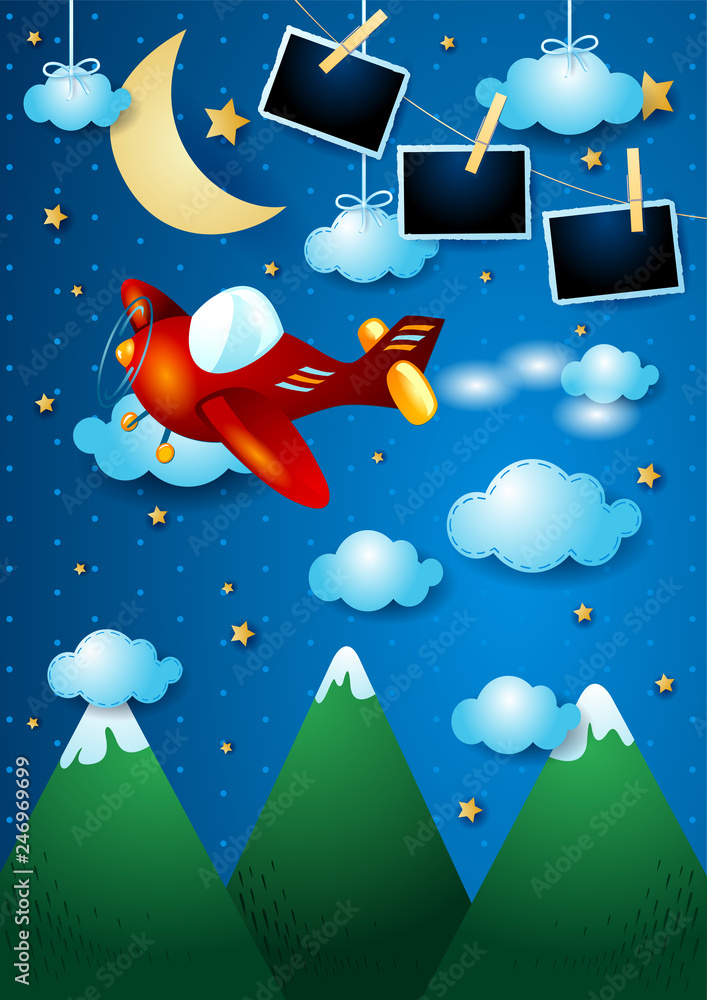 Naklejka premium Night landscape with mountains, airplane and photo frames