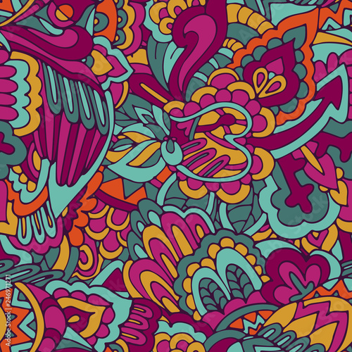 colorful psychedelic vector seamless pattern with doodle elements.