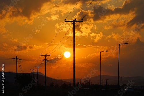 Sunrise on the motorways of central Greece near the city of Tebe photo