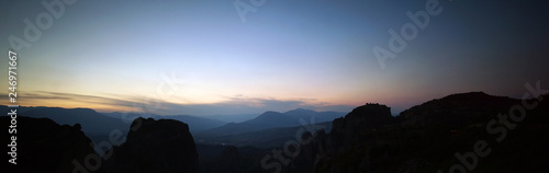 panoramic view of a Meteora sunset with some of its rocks