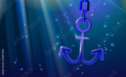 Background Nautical Anchor 3d blue, rounded plastic realistic toy. Banner ship equipment, illustration marine heraldry. Design shiny seaway concept or marine life. Modern vector optimized to design