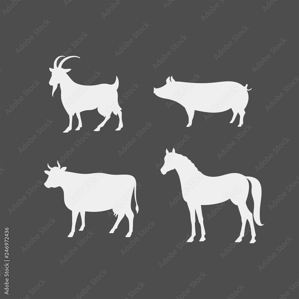 Farm animals vector silhouettes. Horse, cow, pig, goat vector silhouettes