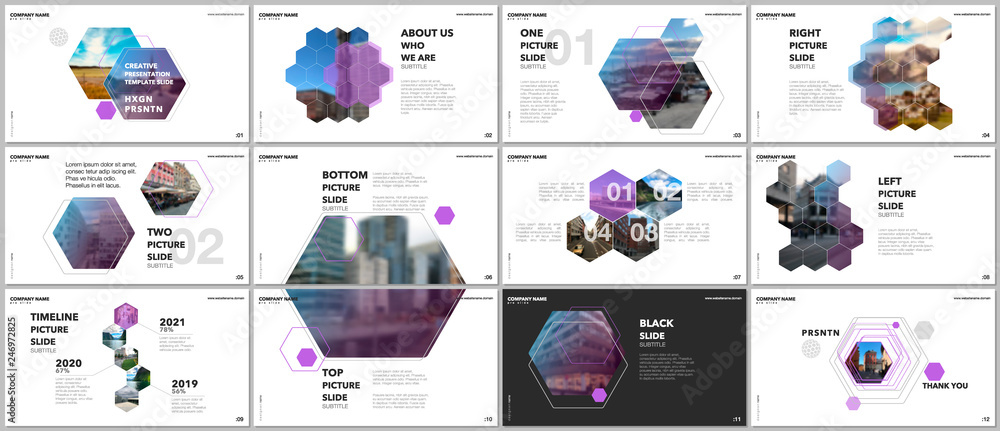 Minimal presentations design, portfolio vector templates with hexagons and hexagonal elements. Multipurpose template for presentation slide, flyer leaflet, brochure cover, report, advertising.