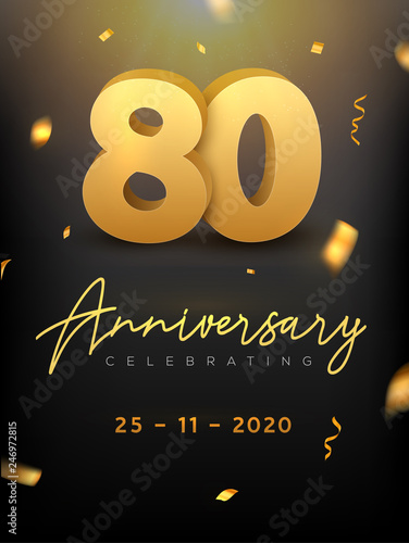 80 Years Anniversary Celebration event. Golden Vector birthday or wedding party congratulation anniversary 80th