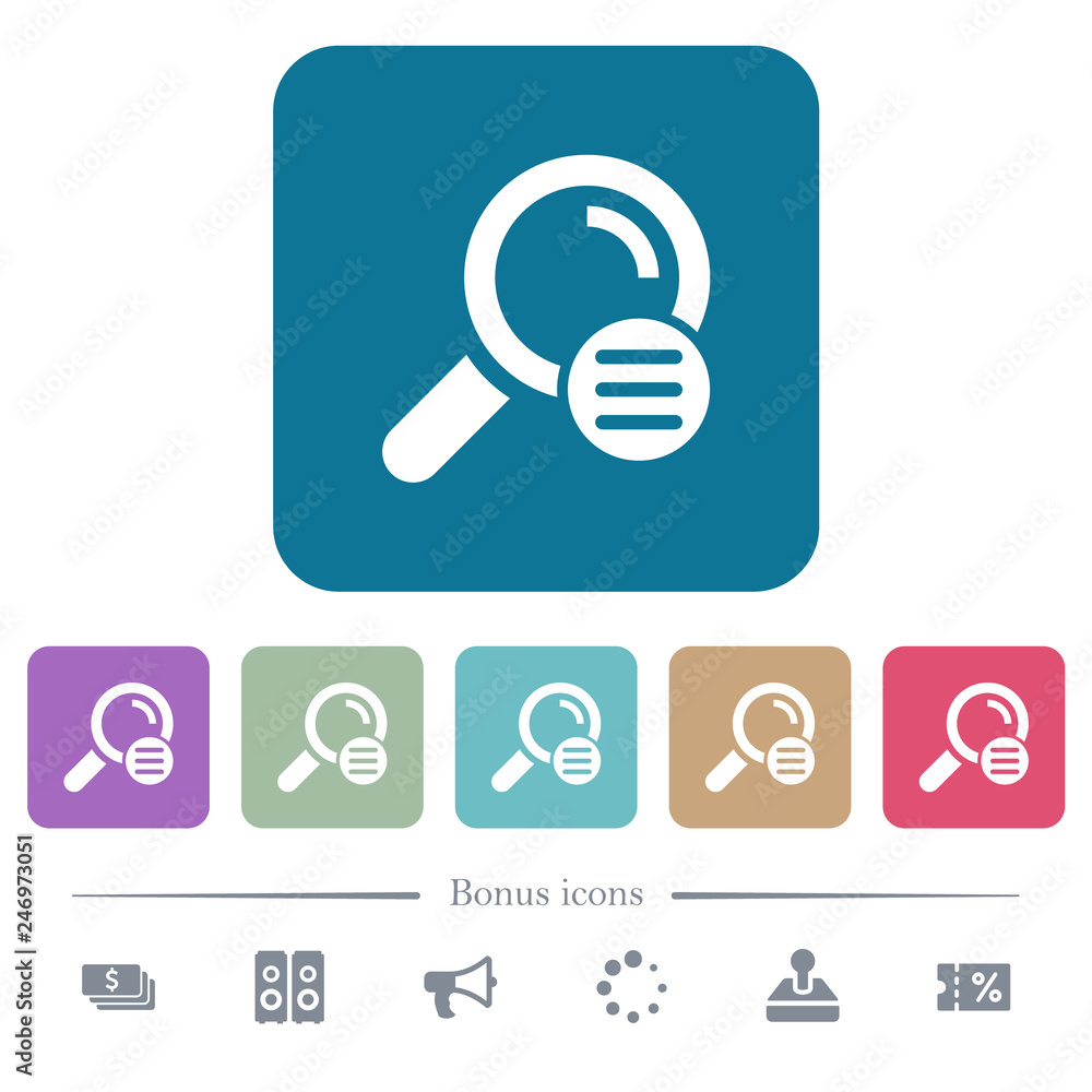 Search options flat icons on color rounded square backgrounds