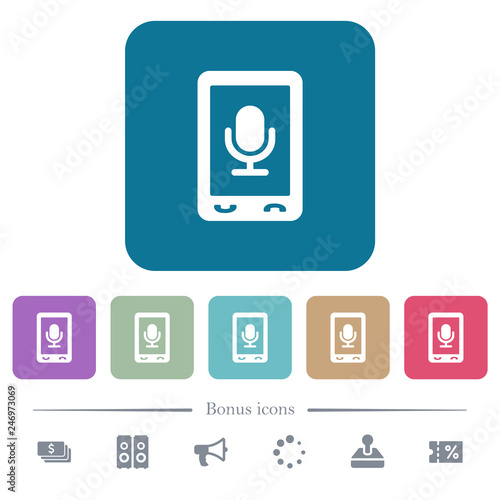 Mobile recording flat icons on color rounded square backgrounds