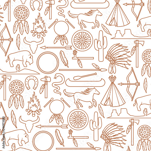 Background pattern with Native American Indians icons (bow and arrow, snake, horse, bison, cactus, tomahawk, axe, campfire, landscape, wigwam, chief headdress, canoe, peace pipe, dream catch)