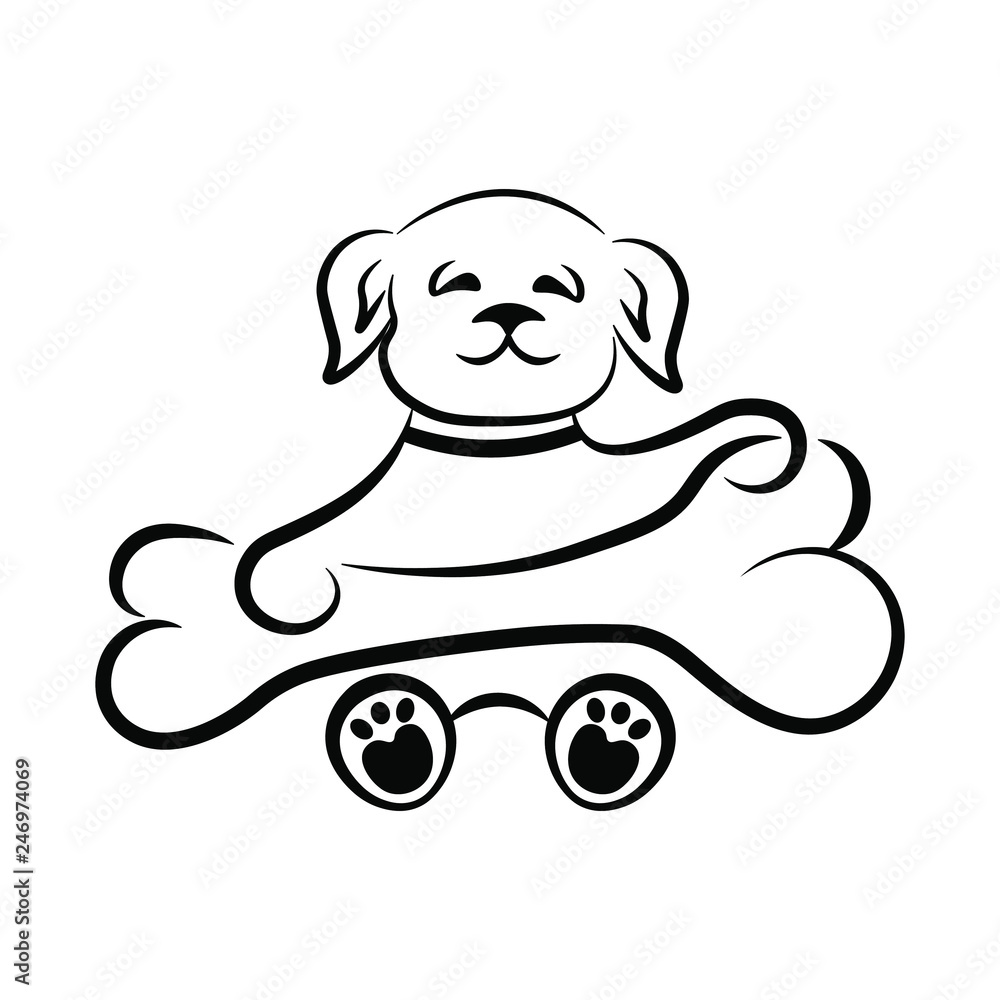 Cute dog with a big bone in a black outline on a white background. Logo, sign, symbol. Cute dog with a big bone in a black outline on a white background. Logo, sign, symbol.