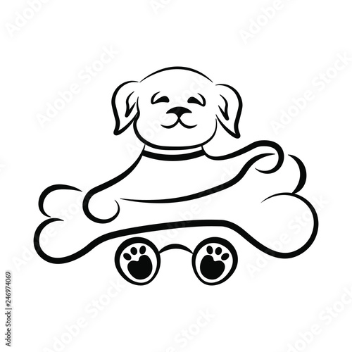 Cute dog with a big bone in a black outline on a white background. Logo, sign, symbol. © Aksana