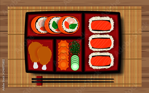 Japanese food in bento box on the wooden table
