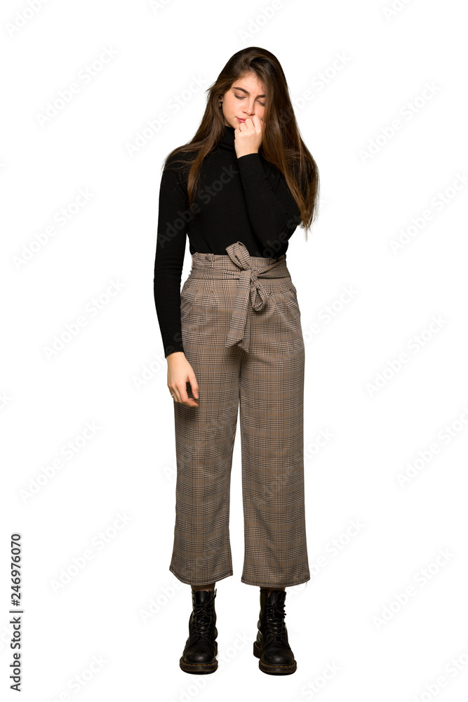 Full-length shot of Pretty girl having doubts on isolated white background Full-length shot of Pretty girl having doubts on isolated white background