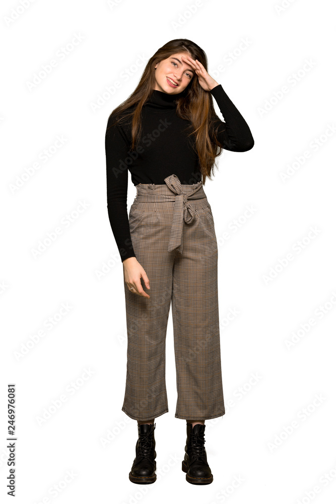 Full-length shot of Pretty girl saluting with hand on isolated white background Full-length shot of Pretty girl saluting with hand on isolated white background