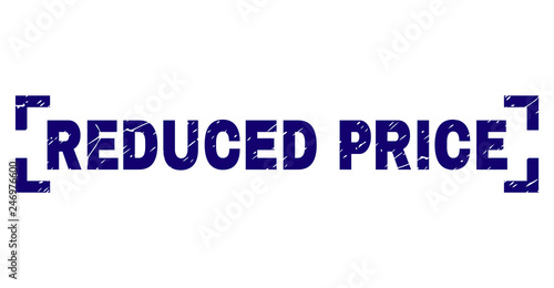 REDUCED PRICE text seal stamp with corroded texture. Text tag is placed between corners. Blue vector rubber print of REDUCED PRICE with scratched texture.