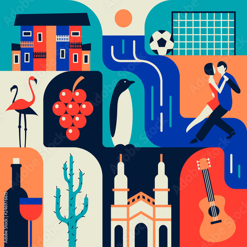 Argentina, vector flat illustration, icon set, color background.
