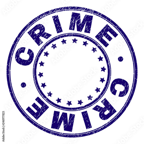 CRIME stamp seal watermark with grunge texture. Designed with round shapes and stars. Blue vector rubber print of CRIME tag with grunge texture.