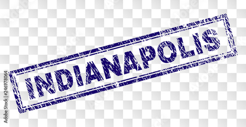 INDIANAPOLIS stamp seal print with rubber print style and double framed rectangle shape. Stamp is placed on a transparent background. Blue vector rubber print of INDIANAPOLIS text with grunge texture.
