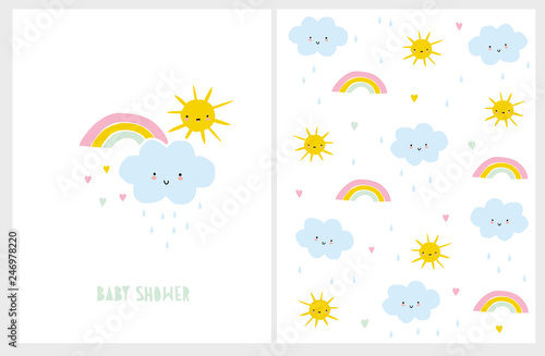 Cute Baby Shower Vector Card and Pattern. White Background. Blue Smiling Cloud with Raindrops.Funny Yellow Sun. and Colorful Rainbow with Tiny Hearts. Lovely Nursery Art.Infantile Style Kawii Design.