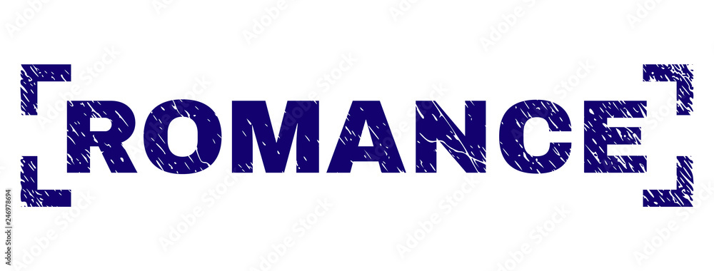 ROMANCE title seal print with grunge texture. Text caption is placed between corners. Blue vector rubber print of ROMANCE with retro texture. ROMANCE title seal print with grunge texture. Text caption is placed between corners. Blue vector rubber print of ROMANCE with retro texture.