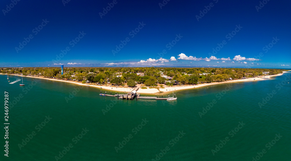 Aerial drone view of Bongaree Jetty on Bribie Island, Sunshine Coast, Australia