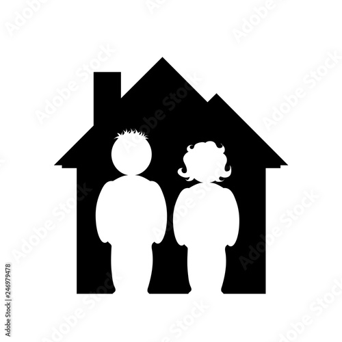 Illustration of couple with house icon. Vector silhouette on white background. Symbol of man and woman. Sign of person at home.