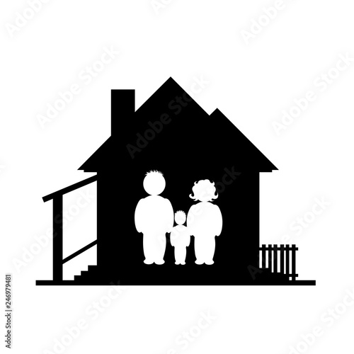 Illustration of family with house icon. Vector silhouette on white background. Symbol of mother, father and son. Sign of person at home.