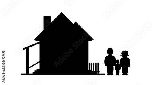 Illustration of family with house icon. Vector silhouette on white background. Symbol of mother, father and son. Sign of person at home.