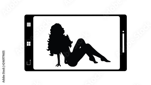 Illustration of mobil phone porn icon. Vector silhouette on white background. Symbol of telephone, cell phone, smartphone. Naked woman.