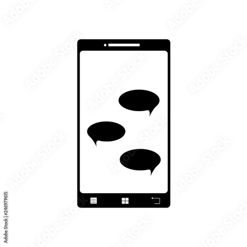 Illustration of mobil phone with message icon. Vector silhouette on white background. Symbol of telephone, cell phone, smartphone. Sign of communication.
