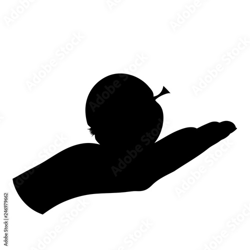 Illustration of fruit icon. Vector silhouette on white background. Symbol of hand with apple.