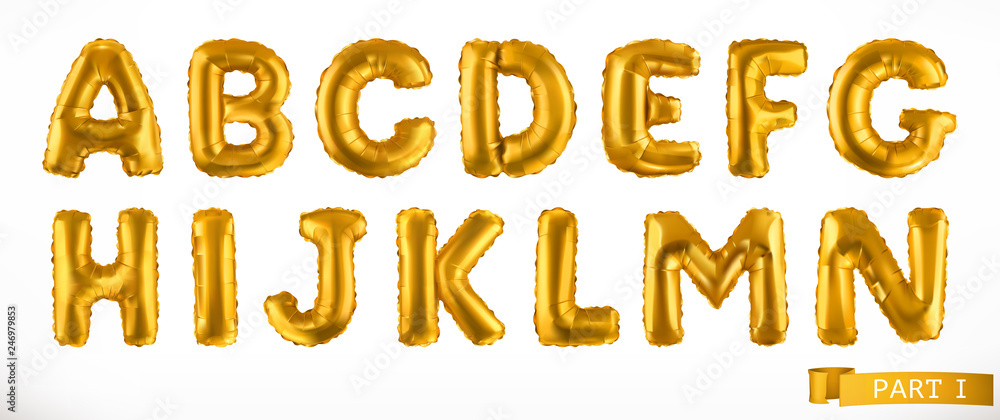 Alphabet part 1. Golden inflatable toy balloons. Letters A - N. 3D realistic vector icon set Alphabet part 1. Golden inflatable toy balloons. Letters A - N. 3D realistic vector icon set