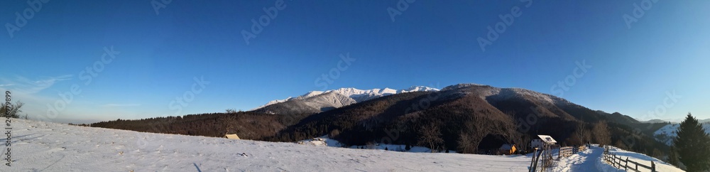 Mountains and forest during winter season. Sunny day in the mountains during winter time. Panoramiv view. 