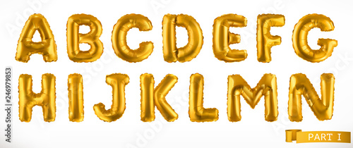 Alphabet part 1. Golden inflatable toy balloons. Letters A - N. 3D realistic vector icon set
