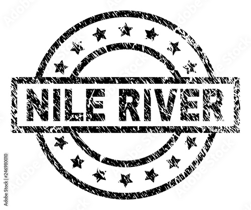 NILE RIVER stamp seal watermark with distress style. Designed with rectangle, circles and stars. Black vector rubber print of NILE RIVER caption with unclean texture.