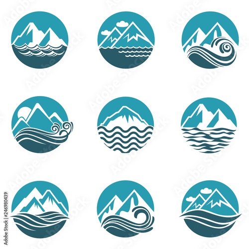 collection with abstract icons of mountain and sea wave