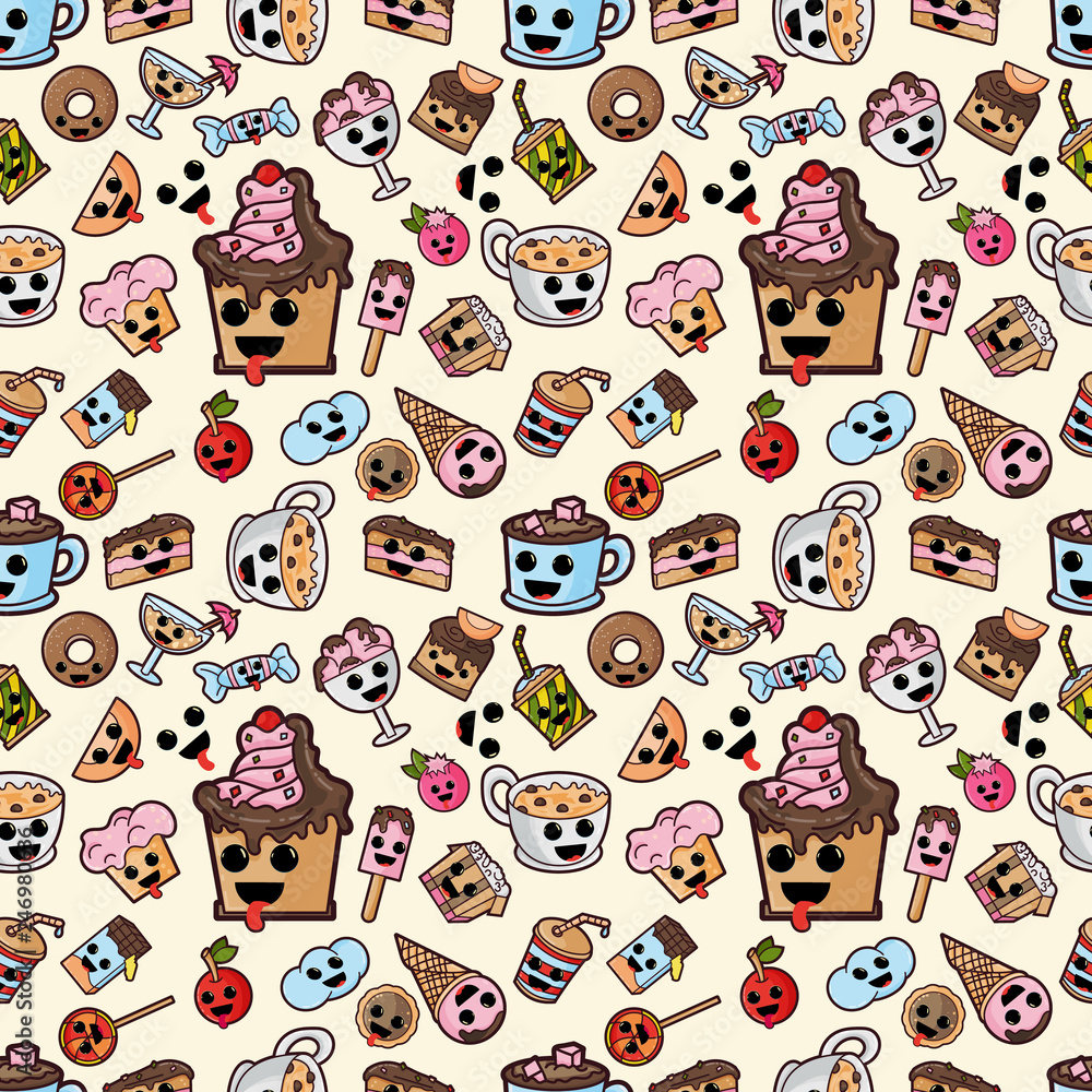 Obraz premium seamless pattern, Kawaii style_7_illustration cute good, adorable drawings, icons, sweet pastry food and drinks