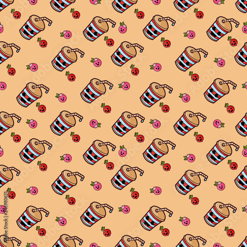 seamless pattern, illustration style Kawaii cute nice, adorable pictures, icons, gulp and berries cherries and blueberries