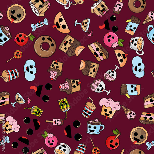 seamless pattern, Kawaii style_5_illustration cute good, adorable drawings, icons, sweet pastry food and drinks