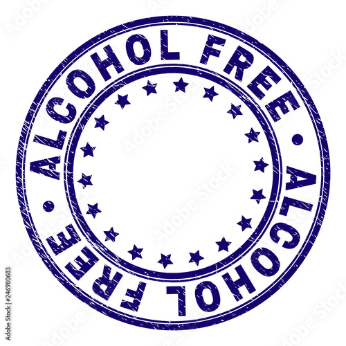 ALCOHOL FREE stamp seal imprint with grunge texture. Designed with round shapes and stars. Blue vector rubber print of ALCOHOL FREE tag with corroded texture.