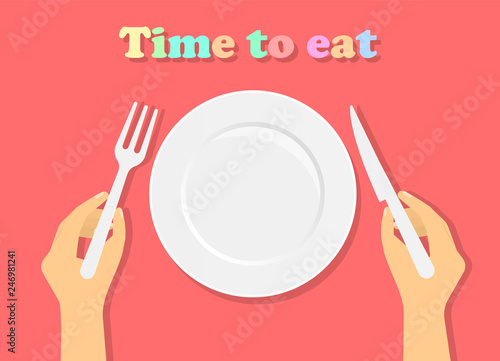 Cutlery. Plate, fork and knife in hand. Time to eat