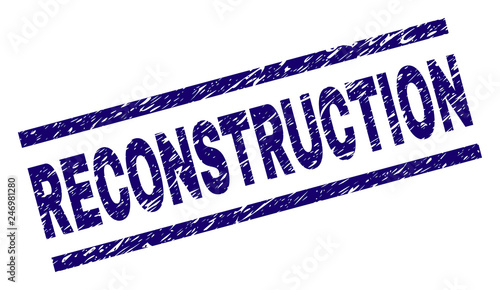 RECONSTRUCTION seal print with distress style. Blue vector rubber print of RECONSTRUCTION title with dust texture. Text title is placed between parallel lines.